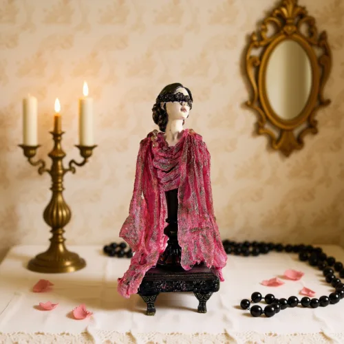 Ceramic Figure: Mysterious Vintage Woman Dressed in Pink, Handmade