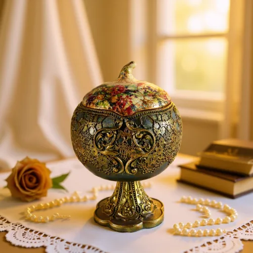 Ceramic Container: Flowers and Gold Details Design, Handmade