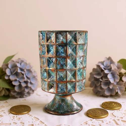 Decorative Vase: Blue, Copper, and Earthy Tones Design, Handmade
