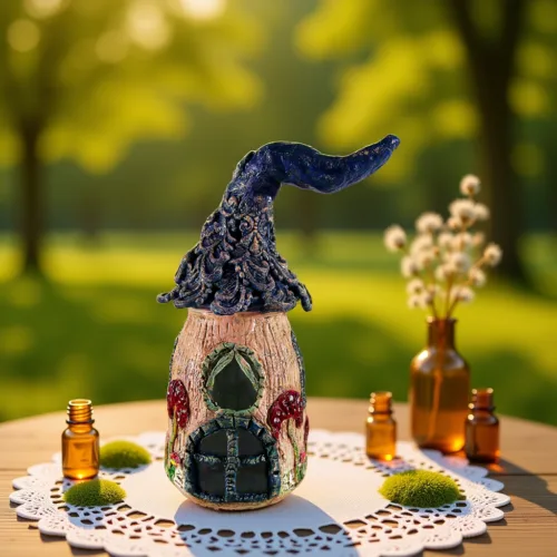 Mushroom Fairy House Jar: Blue Roof and Mushrooms, Handmade