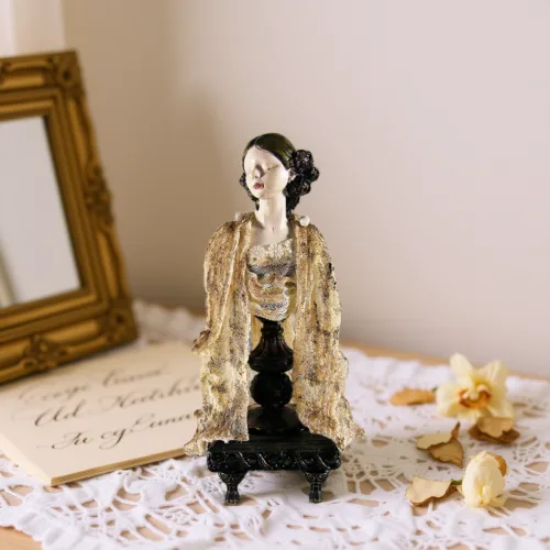 Ceramic Figure: Mysterious Vintage Woman Dressed in Beige, Handmade