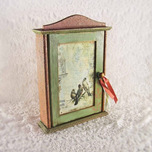 Key Holder: Vintage Green Birds Design with Pink Details, Handmade
