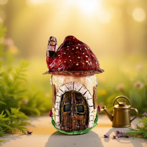 Mushroom Fairy House Jar: Mushroom Roof and Wooden Door Design, Handmade