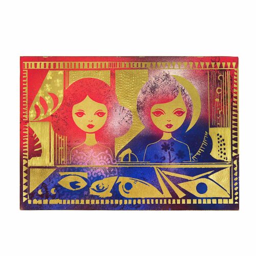 Gold Dolls, Pop Surrealism Metal Wall Art, Brass 21x30cm