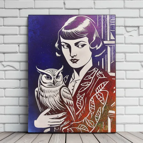 Lady with Owl, Metal Wall Art, Aluminum 30x40cm