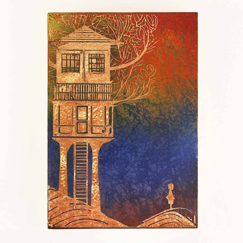 Treehouse, Pop Surrealism Metal Wall Art, Copper 21x30cm