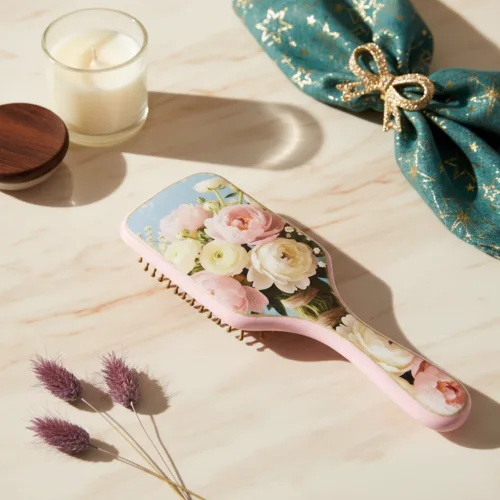 Χειροποίητη βούρτσα μαλλιών από μπαμπού - Ροζ Παστέλ Λουλούδια