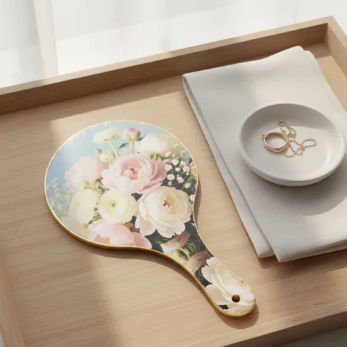 Χειροποίητος ξύλινος καθρέπτης χειρός με ροζ παστέλ λουλούδια