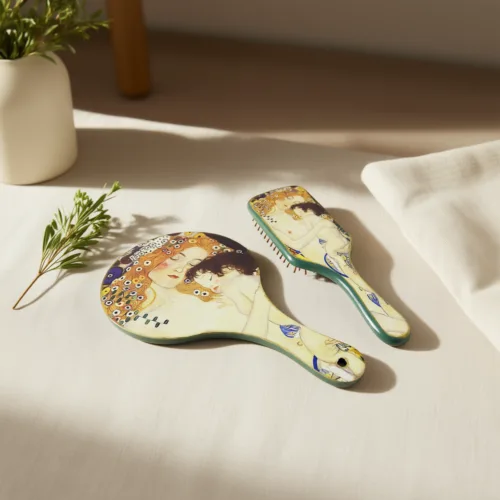 Χειροποίητο Σετ Περιποίησης: Βούρτσα μαλλιών από μπαμπού & Ξύλινος καθρέφτης χειρός Κλιμτ Μητέρα