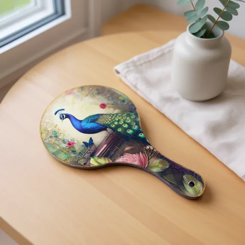 Χειροποίητος ξύλινος καθρέπτης χειρός με σχέδιο Παγώνι