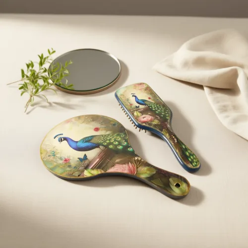 Χειροποίητο Σετ Περιποίησης: Βούρτσα μαλλιών από μπαμπού & Ξύλινος καθρέφτης χειρός με σχέδιο Παγώνι