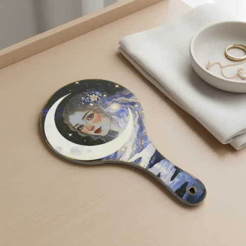 Χειροποίητος ξύλινος καθρέπτης χειρός με μισοφέγγαρο και πορτραίτο κοπέλας