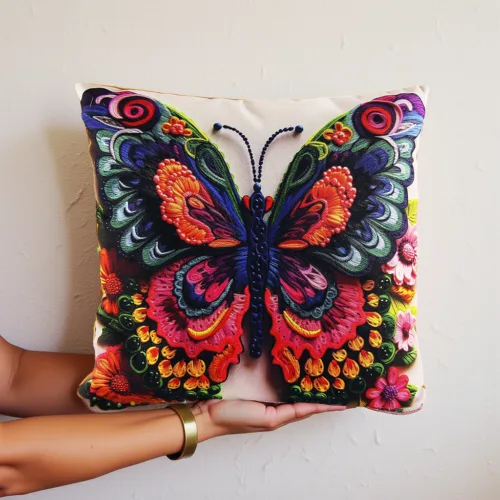 Colorful Butterfly Pillow Cover, Faux Embroidery Pillowcase, Caramel Velvet Back Side