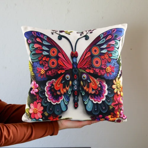 Colorful Butterfly Pillow Cover, Faux Embroidery Pillowcase, Mint Green Velvet Back Side