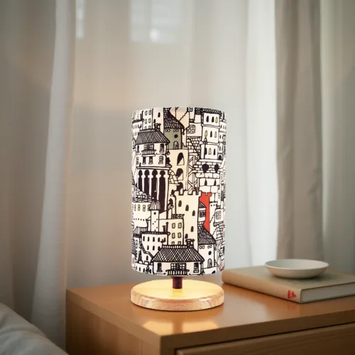 Black and White City Lampshade Table Lamp, Helix Glow Series