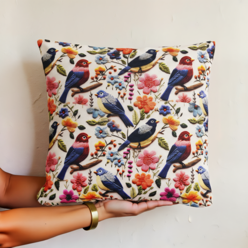 Birds Faux Embroidery Pillow Cover