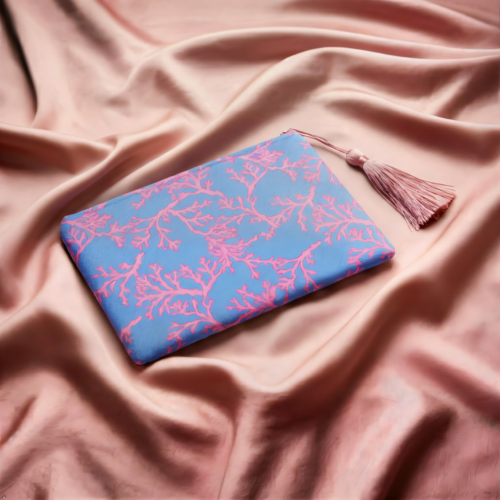 Coral Code Collection, Evening Clutch, Pastel Blue and Pink, Fabric Handbag