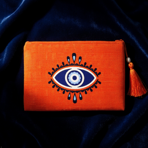 Nazar Collection, Evil Eye Orange Clutch, Fabric Handbag