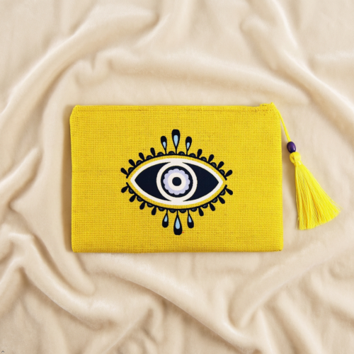 Nazar Collection, Evil Eye Yellow Clutch, Fabric Handbag