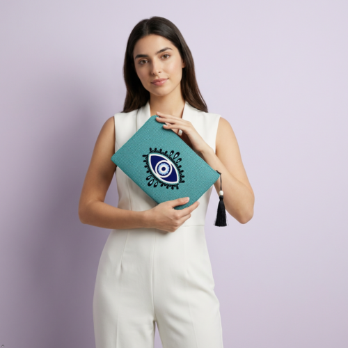 Χειροποίητη Υφασμάτινη Τσάντα Clutch με Μάτι Γαλαζοπράσινη