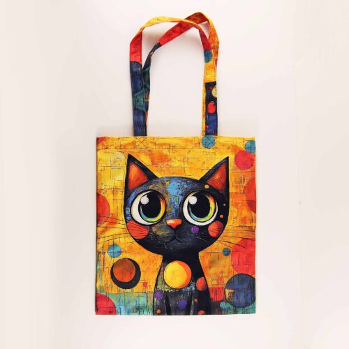 Tote Art Bag, Colorful Abstract Black Cat Portrait