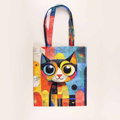Tote Art Bag, Abstract Colorful Cat Portrait
