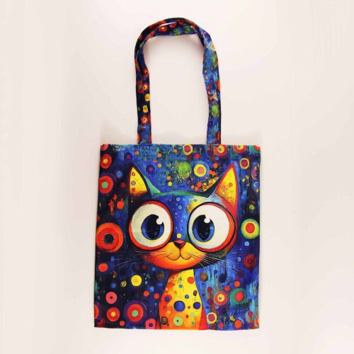 Tote Art Bag, Colorful Whimsical Kitty Portrait