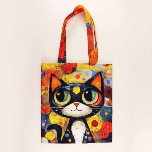 Tote Art Bag, Colorful Surreal Cat Portrait
