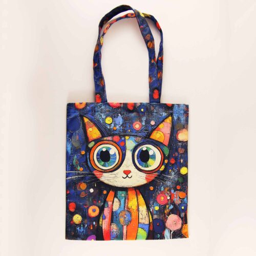 Tote Art Bag, Colorful Vibrant Cat Portrait