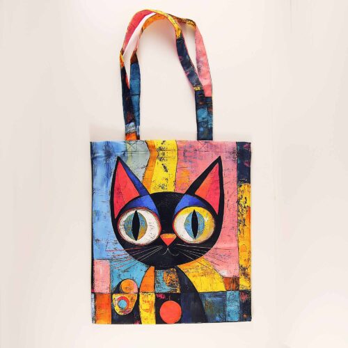 Tote Art Bag, Colorful Cubism Art Cat Portrait
